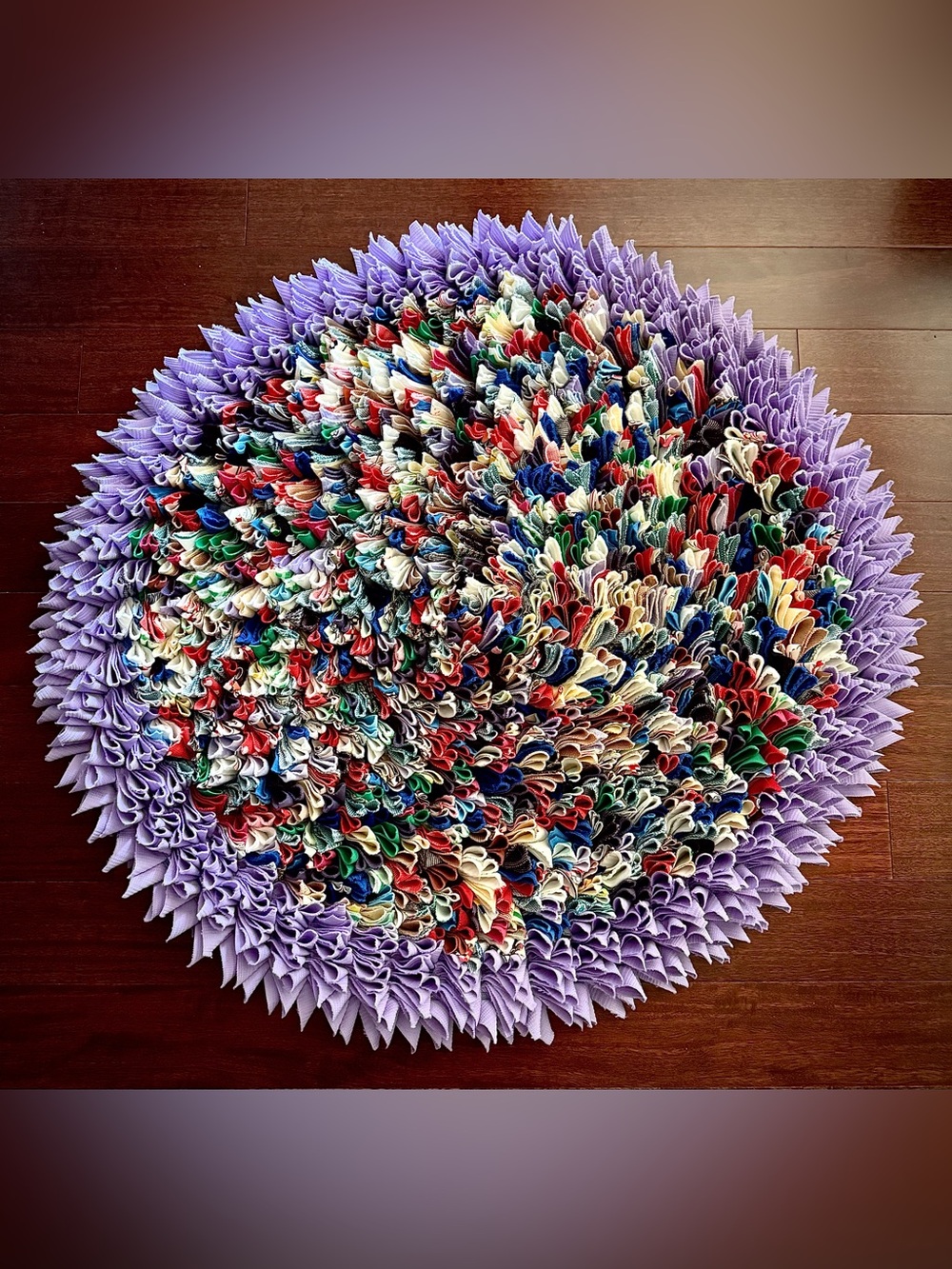 Handmade Round Rag Rug Folded Fabric Scrap Multi-color Purple Border 27” x 25”